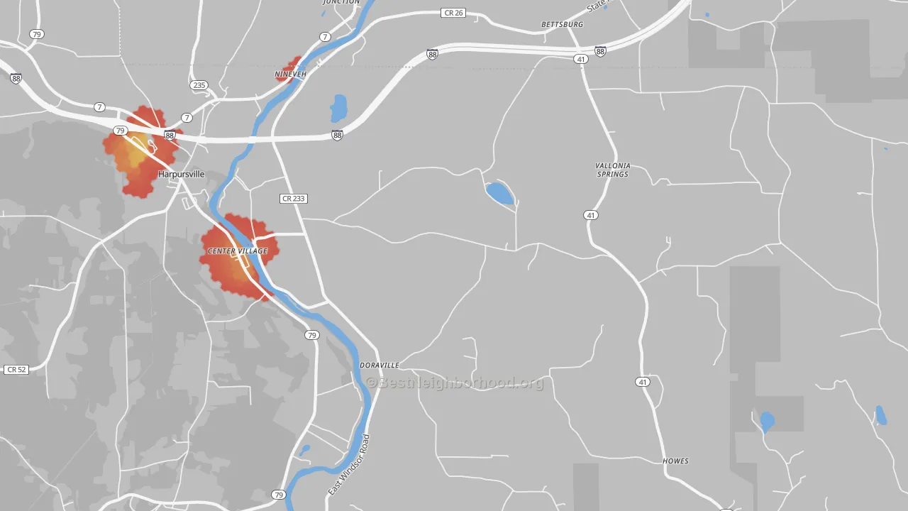 Walk Grade map of Nineveh, NY, walkable areas in green and car-dependent areas in red