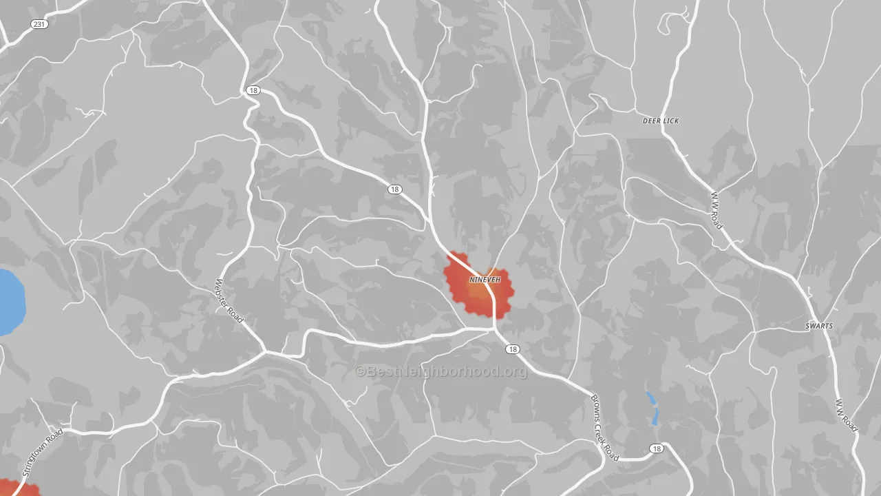 Walk Grade map of Nineveh, PA, walkable areas in green and car-dependent areas in red