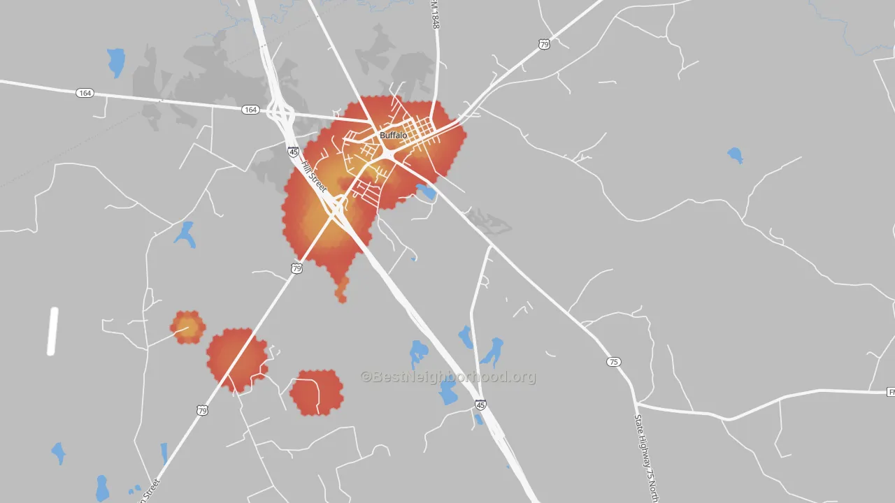 Walk Grade map of Nineveh, TX, walkable areas in green and car-dependent areas in red