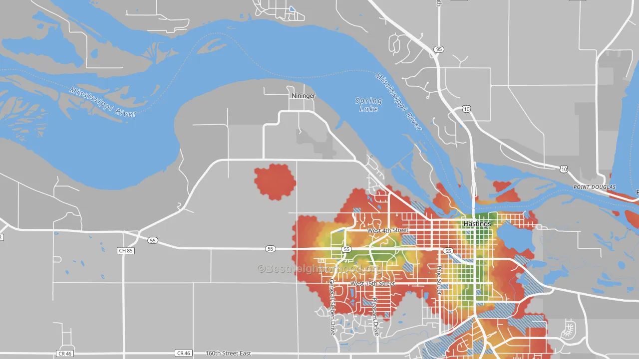 Walk Grade map of Nininger, MN, walkable areas in green and car-dependent areas in red
