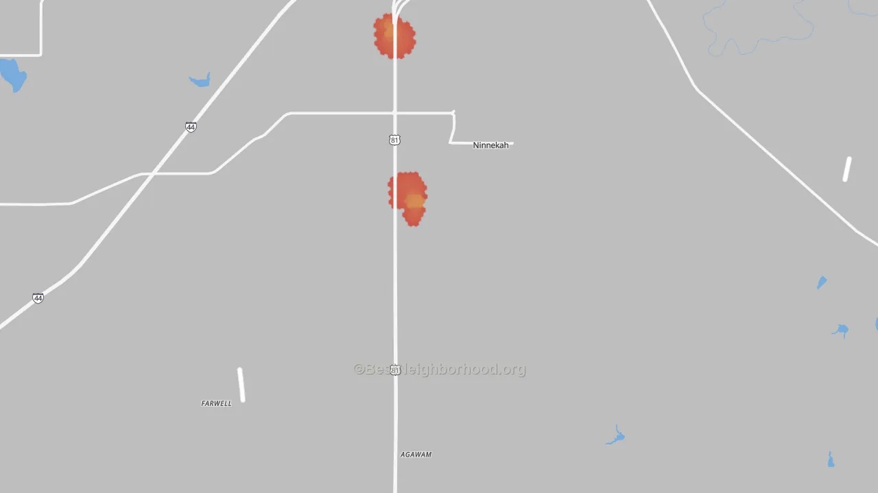 Walk Grade map of Ninnekah, OK, walkable areas in green and car-dependent areas in red