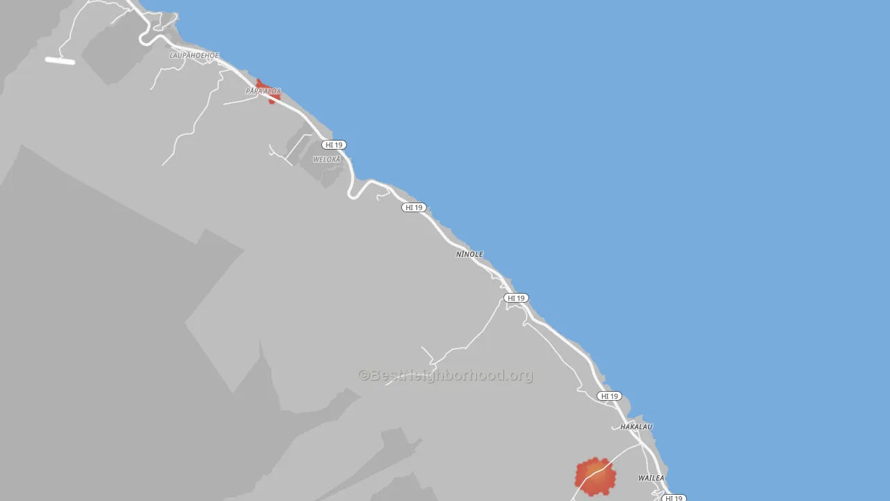 Walk Grade map of Ninole, HI, walkable areas in green and car-dependent areas in red