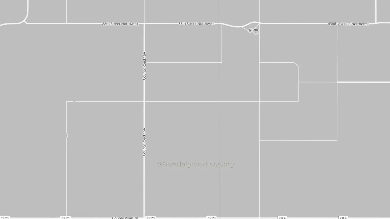 Walk Grade map of Niobe, ND, walkable areas in green and car-dependent areas in red