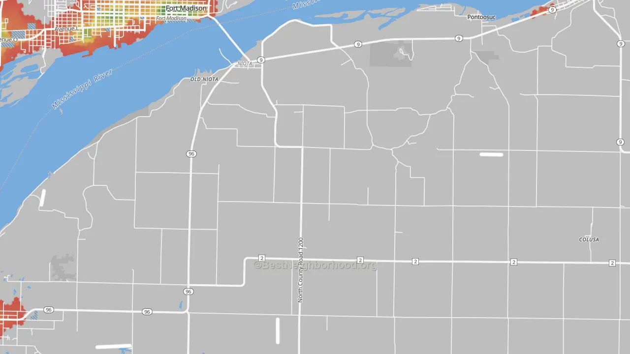 Walk Grade map of Niota, IL, walkable areas in green and car-dependent areas in red