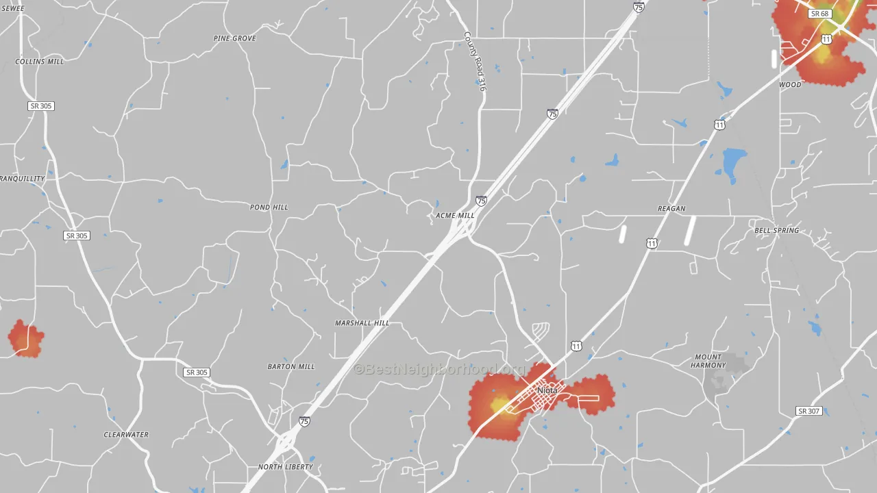 Walk Grade map of Niota, TN, walkable areas in green and car-dependent areas in red