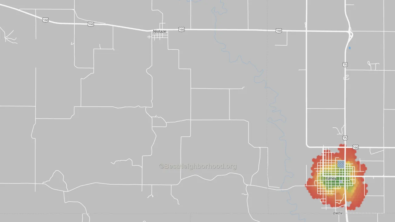 Walk Grade map of Niotaze, KS, walkable areas in green and car-dependent areas in red