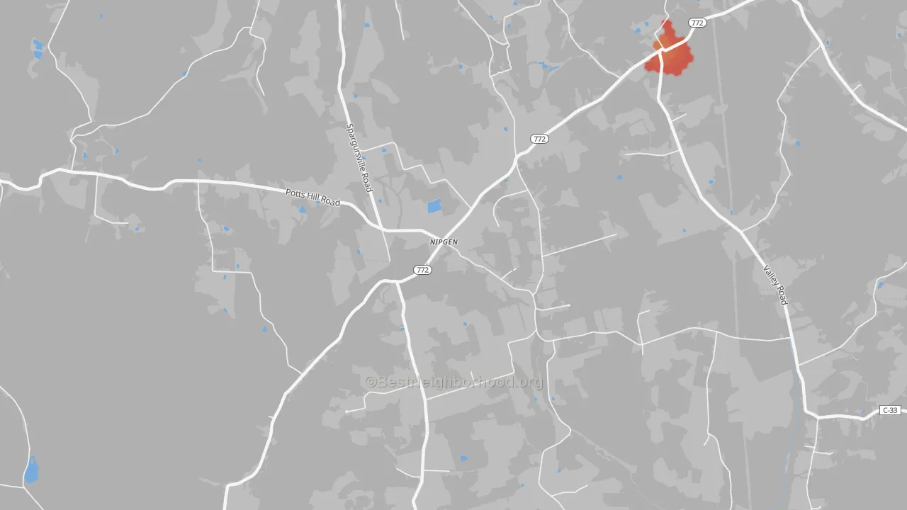 Walk Grade map of Nipgen, OH, walkable areas in green and car-dependent areas in red
