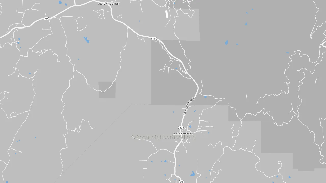 Walk Grade map of Nipinnawasee, CA, walkable areas in green and car-dependent areas in red