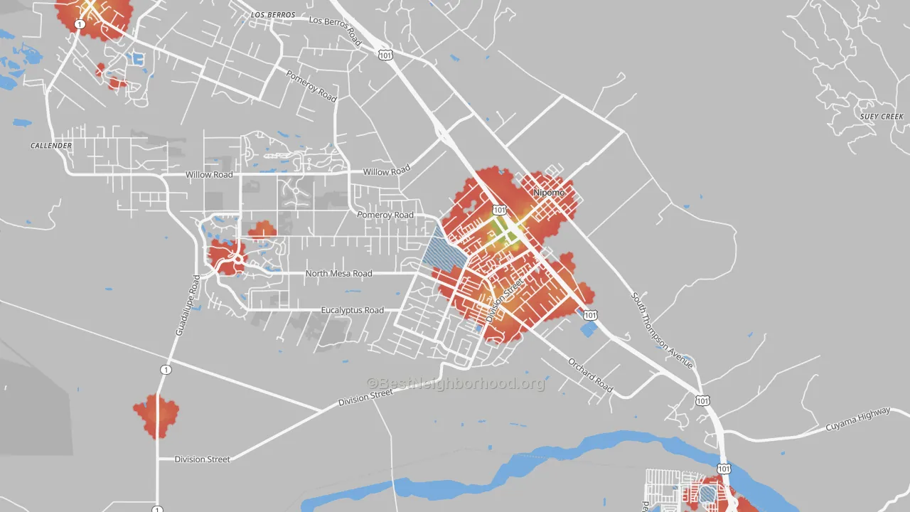 Walk Grade map of Nipomo, CA, walkable areas in green and car-dependent areas in red
