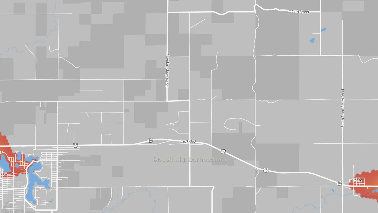 Walk Grade map of Nirvana, MI, walkable areas in green and car-dependent areas in red