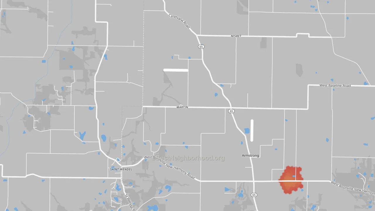 Walk Grade map of Nisbet, IN, walkable areas in green and car-dependent areas in red