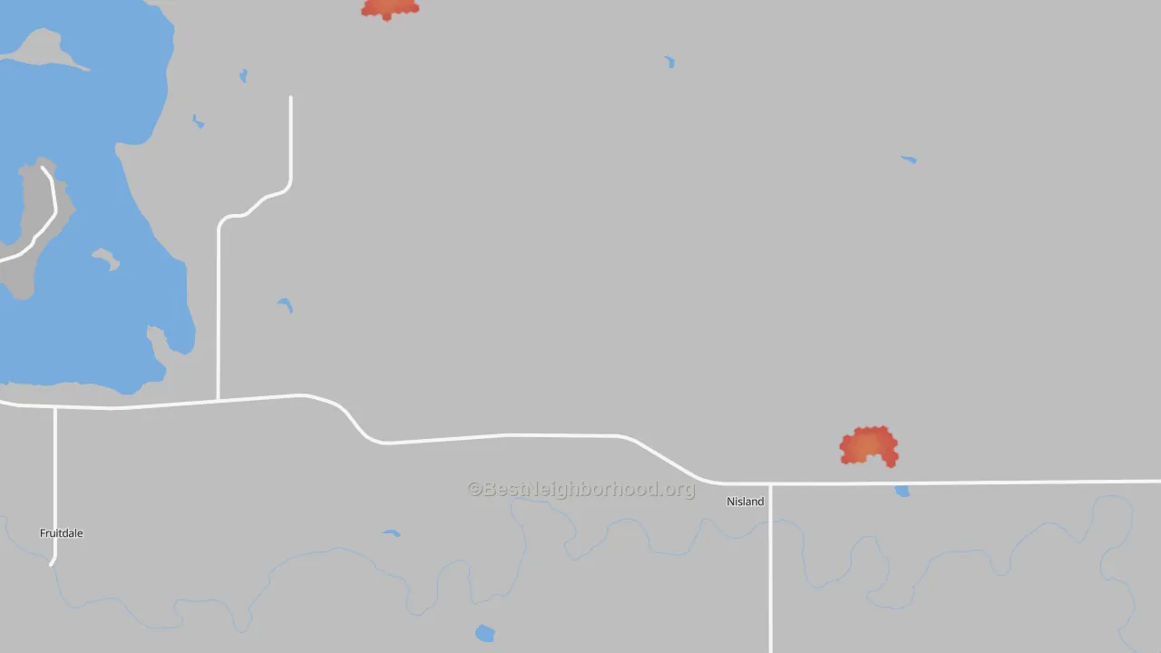 Walk Grade map of Nisland, SD, walkable areas in green and car-dependent areas in red