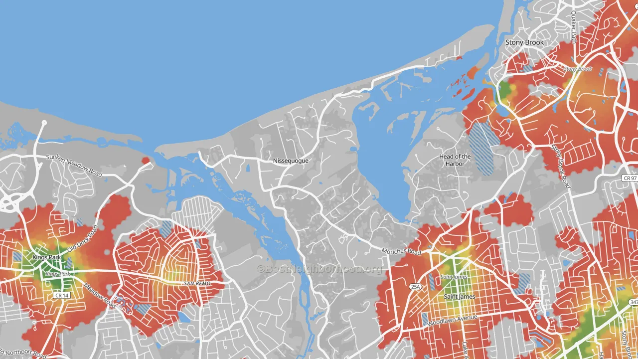 Walk Grade map of Nissequogue, NY, walkable areas in green and car-dependent areas in red