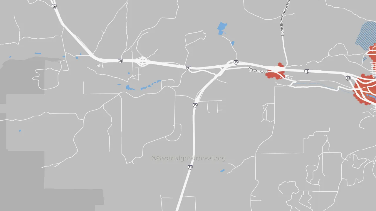 Walk Grade map of Nissler, MT, walkable areas in green and car-dependent areas in red