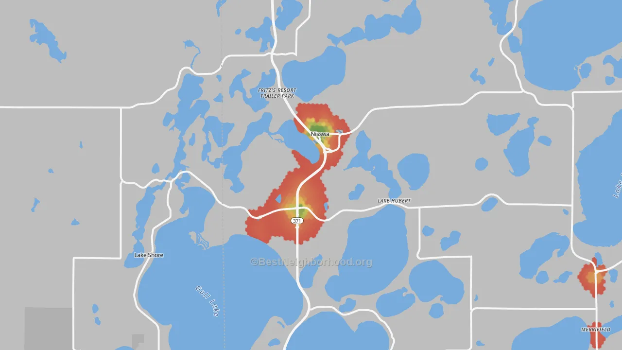 Walk Grade map of Nisswa, MN, walkable areas in green and car-dependent areas in red