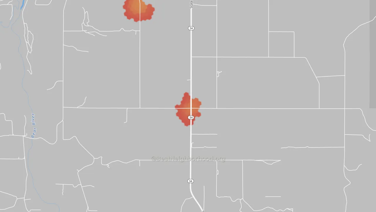 Walk Grade map of Niter, ID, walkable areas in green and car-dependent areas in red