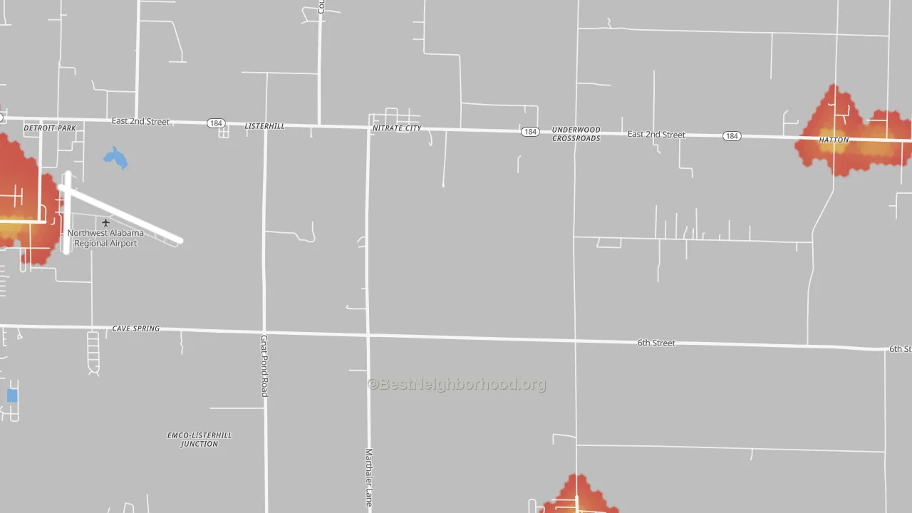 Walk Grade map of Nitrate City, AL, walkable areas in green and car-dependent areas in red