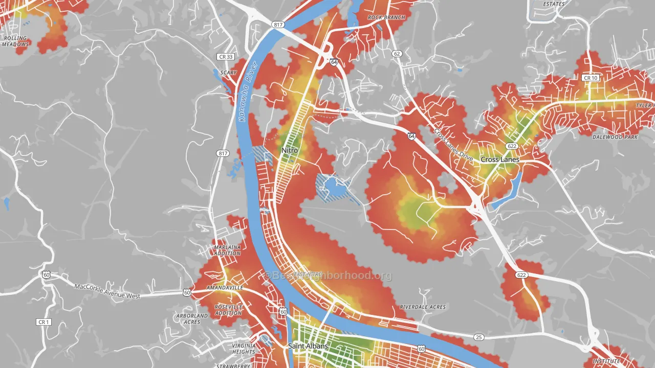 Walk Grade map of Nitro, WV, walkable areas in green and car-dependent areas in red