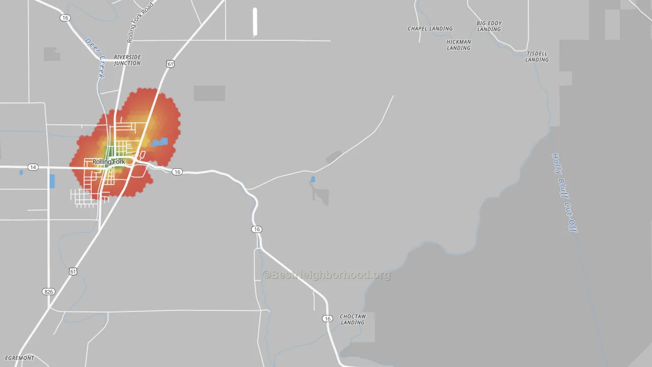 Walk Grade map of Nitta Yuma, MS, walkable areas in green and car-dependent areas in red