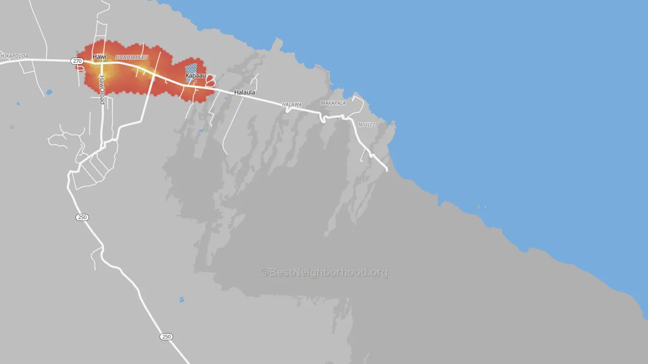 Walk Grade map of Niulii, HI, walkable areas in green and car-dependent areas in red