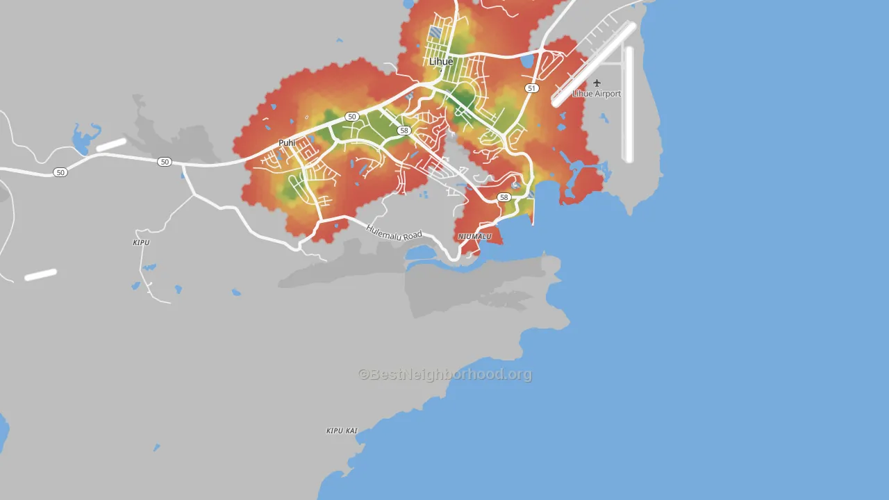 Walk Grade map of Niumalu, HI, walkable areas in green and car-dependent areas in red