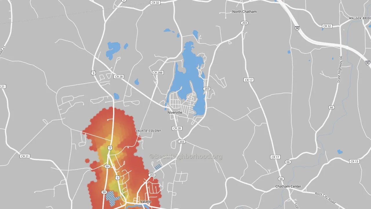 Walk Grade map of Niverville, NY, walkable areas in green and car-dependent areas in red