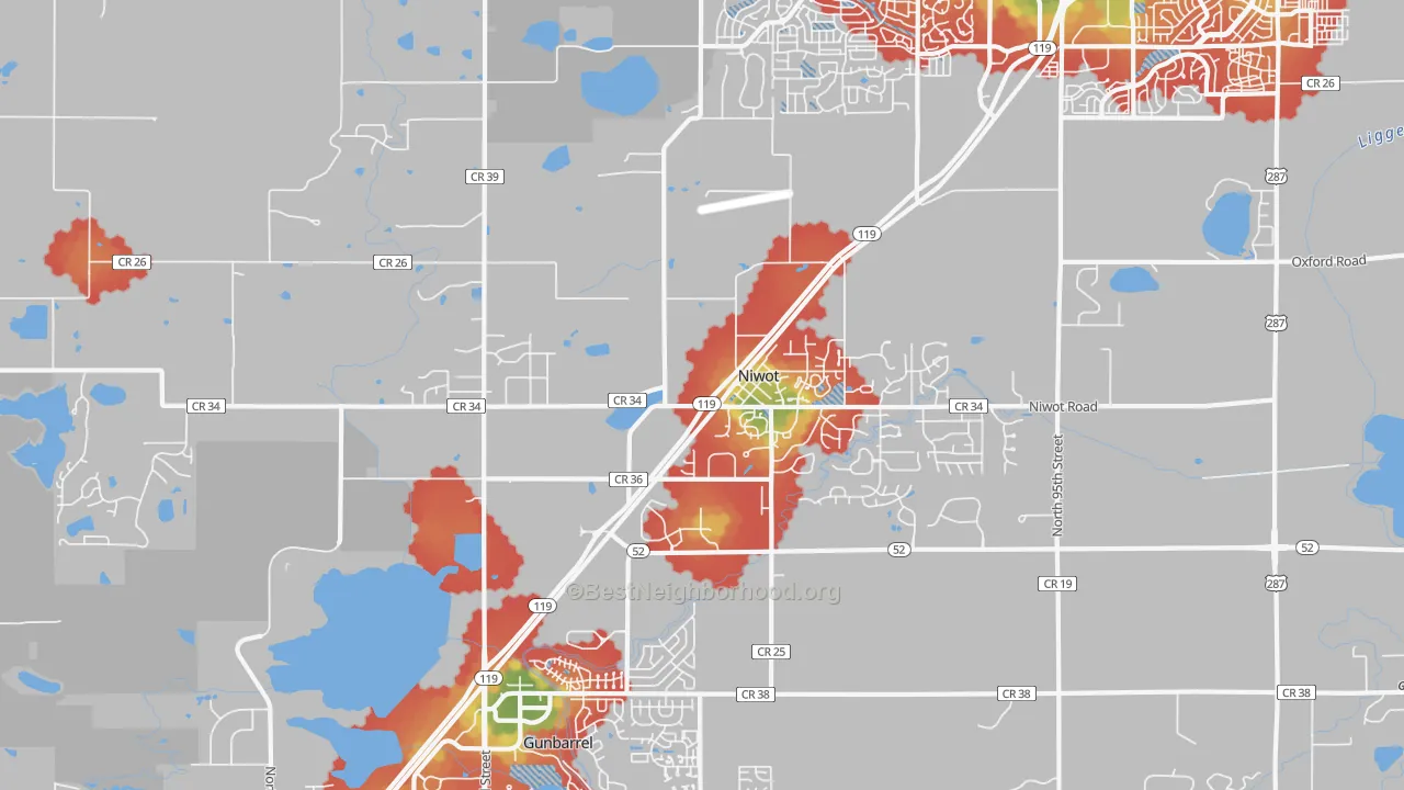 Walk Grade map of Niwot, CO, walkable areas in green and car-dependent areas in red