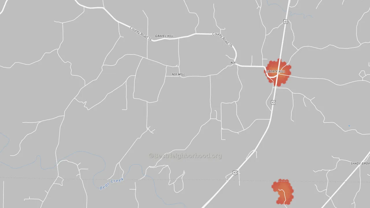 Walk Grade map of Nix Mill, AL, walkable areas in green and car-dependent areas in red