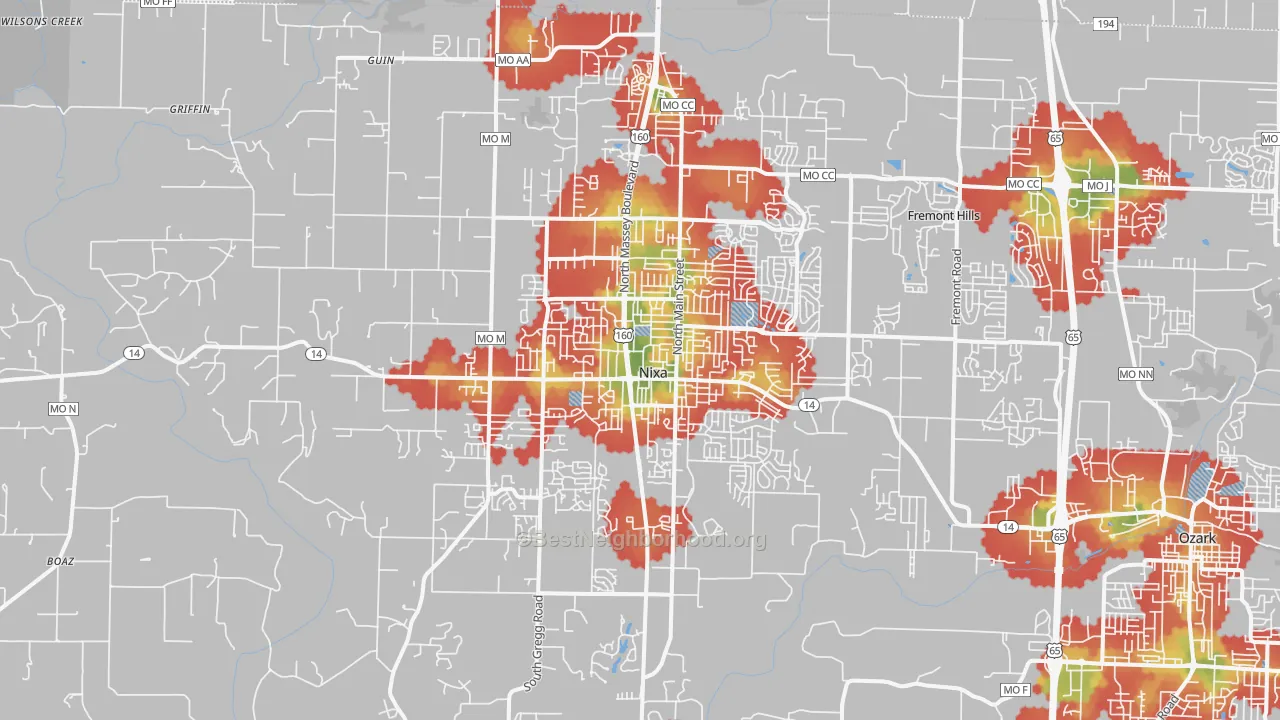 Walk Grade map of Nixa, MO, walkable areas in green and car-dependent areas in red