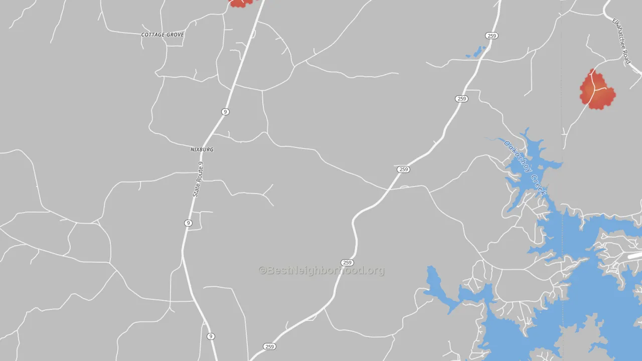Walk Grade map of Nixburg, AL, walkable areas in green and car-dependent areas in red