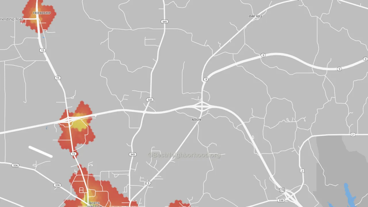 Walk Grade map of Nixon, MS, walkable areas in green and car-dependent areas in red