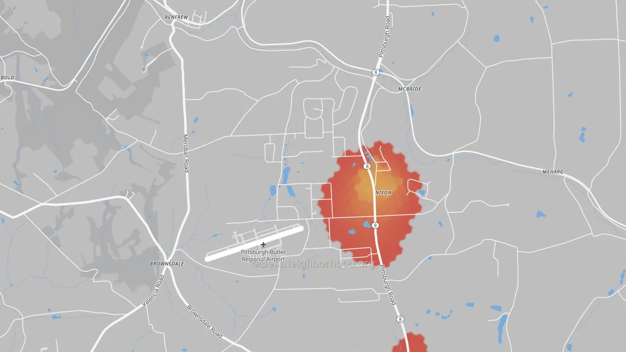 Walk Grade map of Nixon, PA, walkable areas in green and car-dependent areas in red