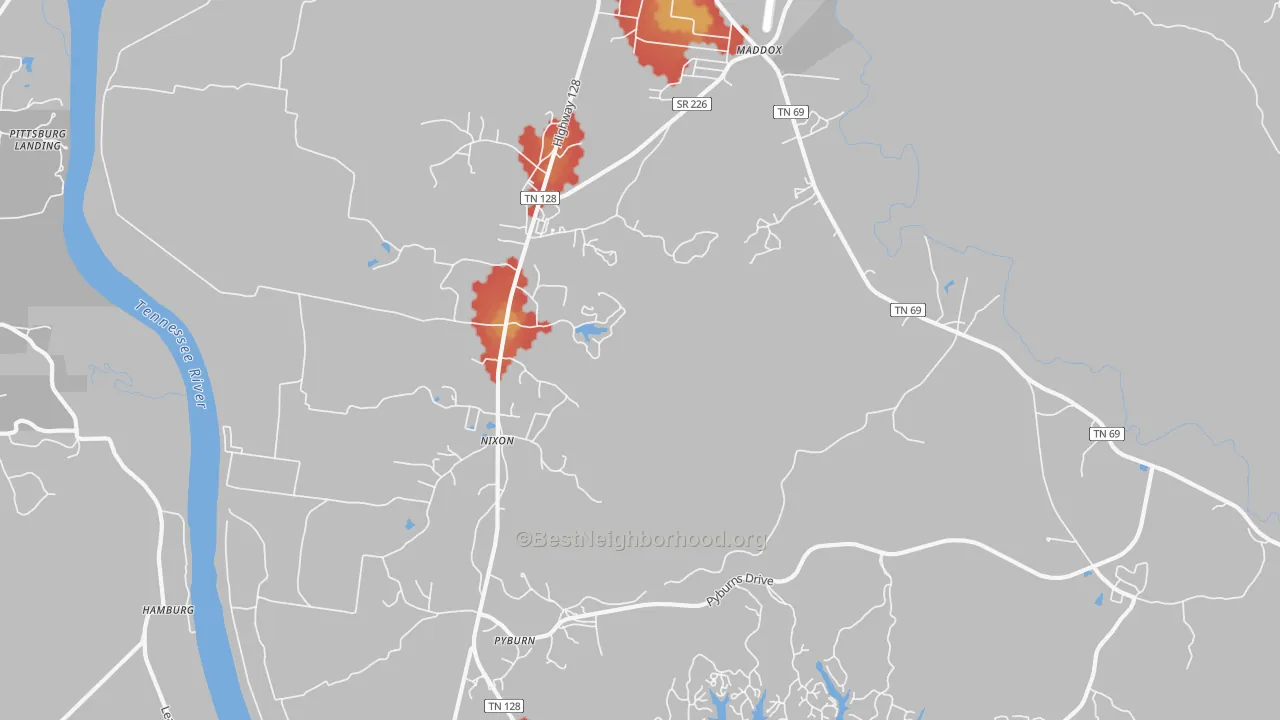 Walk Grade map of Nixon, TN, walkable areas in green and car-dependent areas in red
