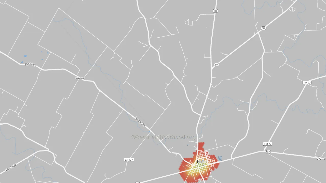 Walk Grade map of Nixon, TX, walkable areas in green and car-dependent areas in red