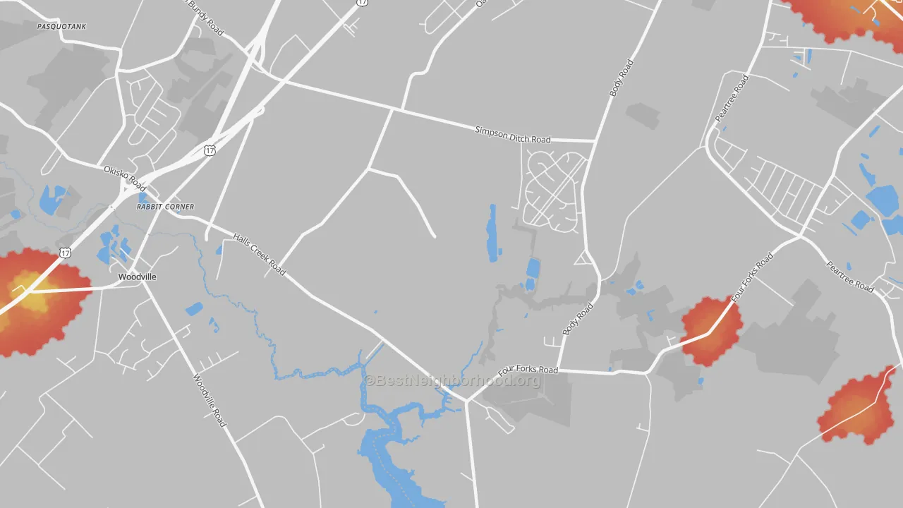 Walk Grade map of Nixonton, NC, walkable areas in green and car-dependent areas in red