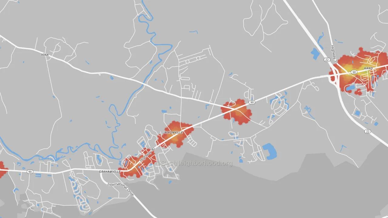 Walk Grade map of Nixonville, SC, walkable areas in green and car-dependent areas in red