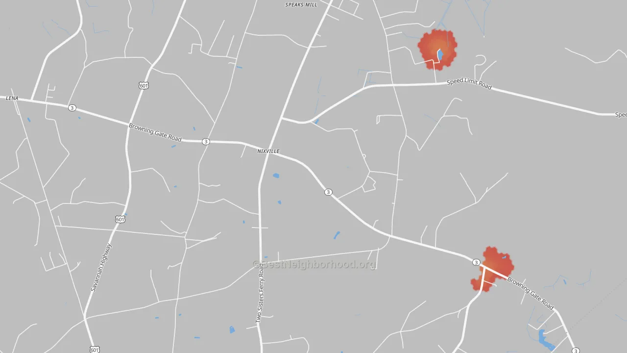 Walk Grade map of Nixville, SC, walkable areas in green and car-dependent areas in red