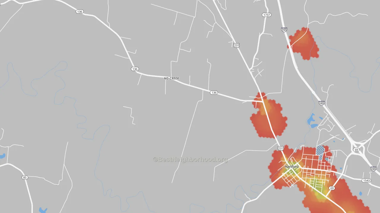 Walk Grade map of No Creek, KY, walkable areas in green and car-dependent areas in red