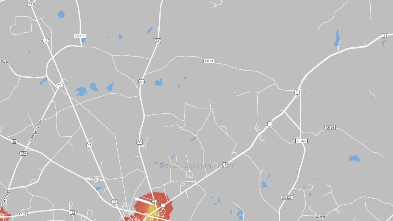 Walk Grade map of Noah, GA, walkable areas in green and car-dependent areas in red