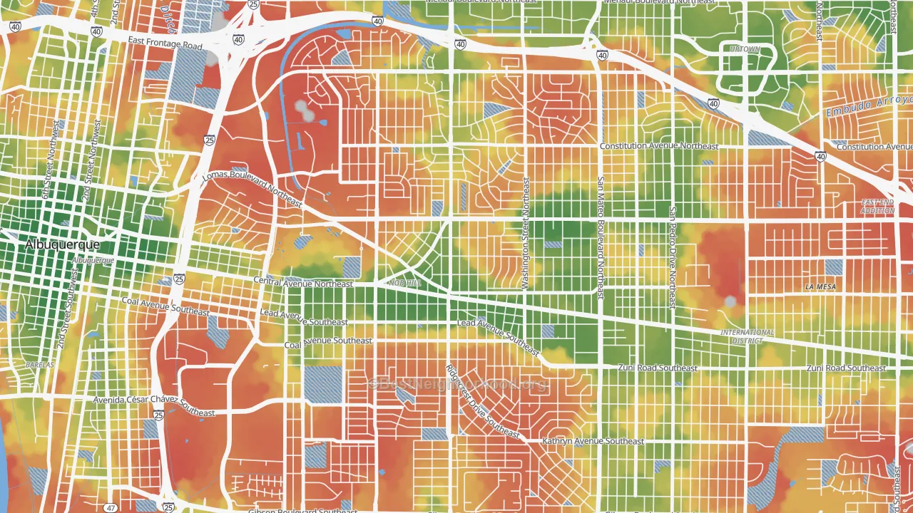 Walk Grade map of Nob Hill, Albuquerque, NM, walkable areas in green and car-dependent areas in red