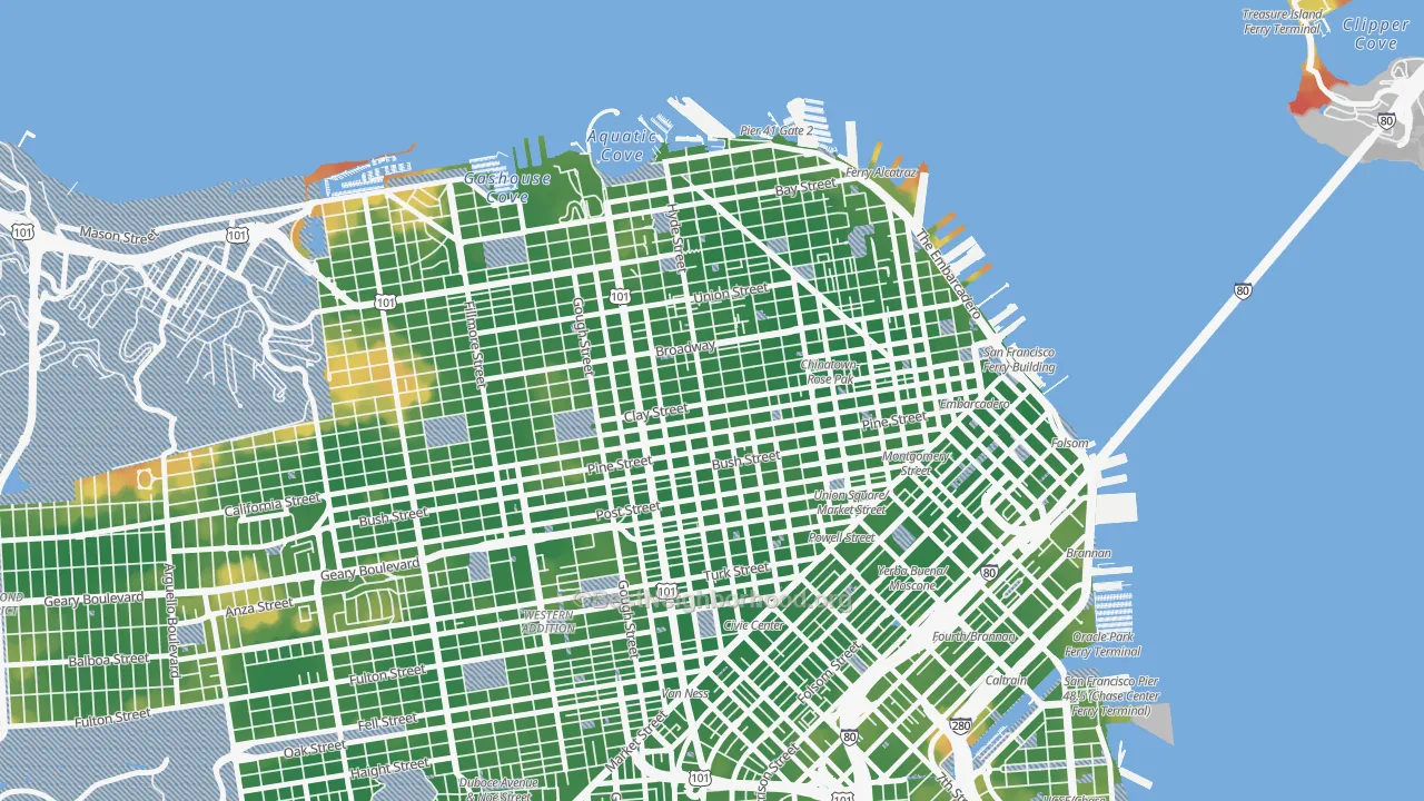 Walk Grade map of Nob Hill, San Francisco, CA, walkable areas in green and car-dependent areas in red
