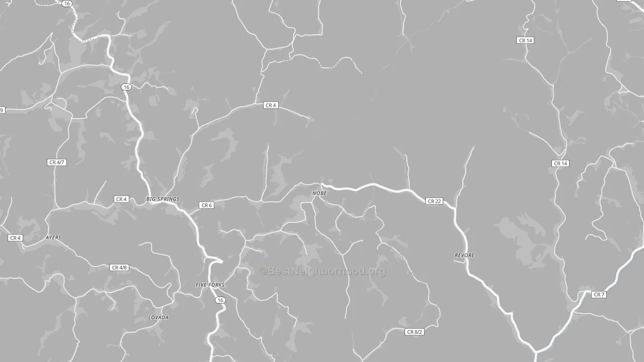 Walk Grade map of Nobe, WV, walkable areas in green and car-dependent areas in red