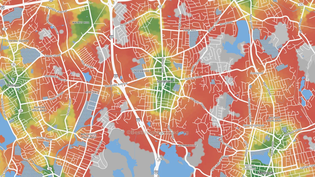 Walk Grade map of Nobility Hill Historic District, Stoneham, MA, walkable areas in green and car-dependent areas in red