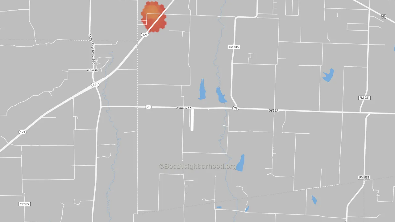 Walk Grade map of Nobility, TX, walkable areas in green and car-dependent areas in red