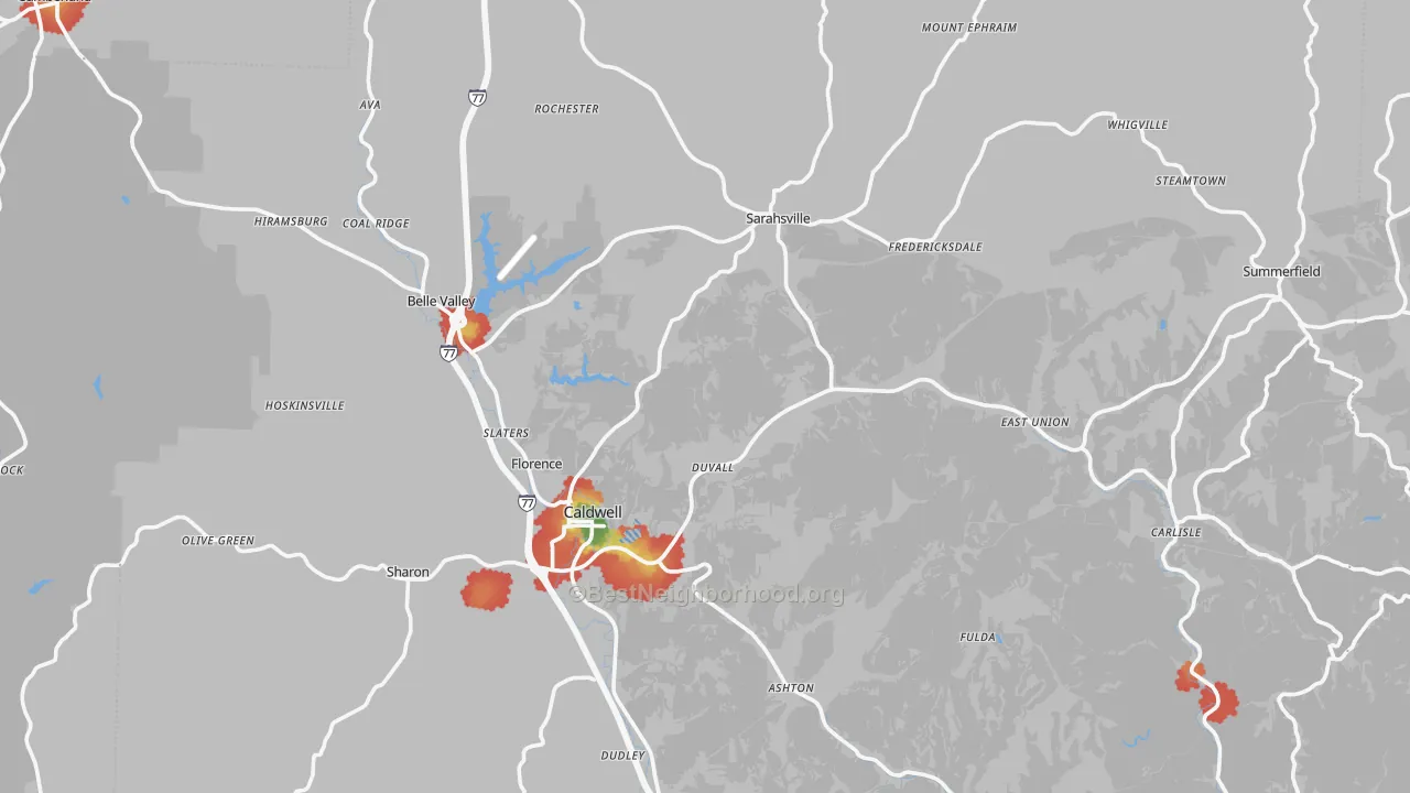 Walk Grade map of Noble County, OH, walkable areas in green and car-dependent areas in red