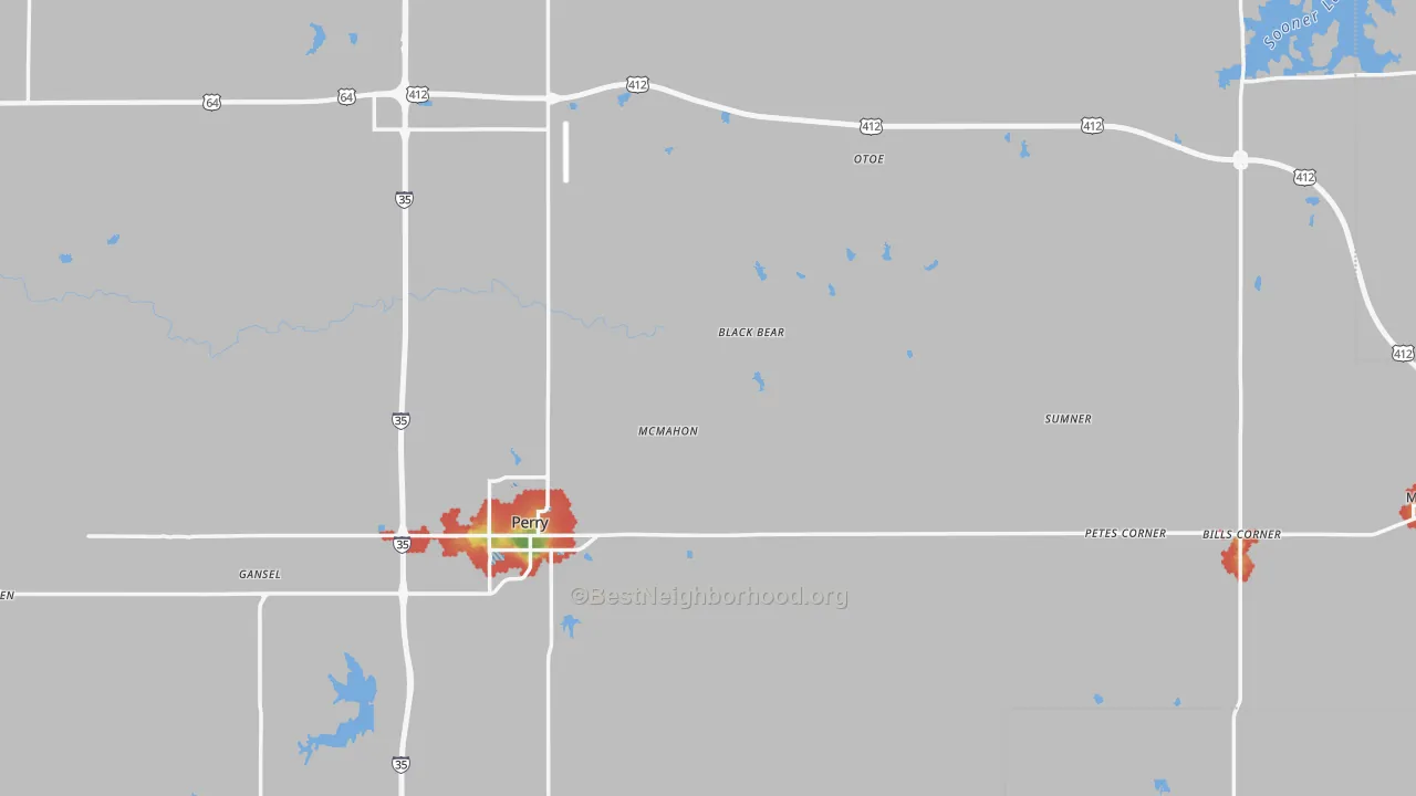 Walk Grade map of Noble County, OK, walkable areas in green and car-dependent areas in red