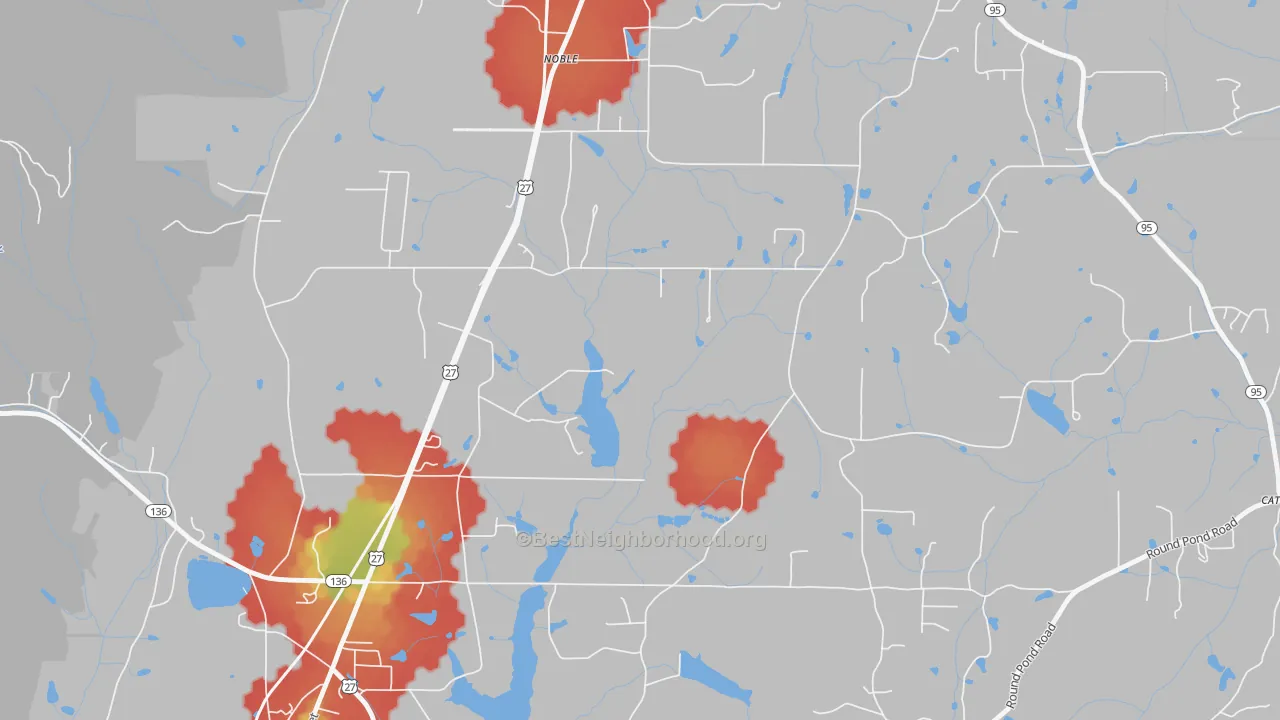 Walk Grade map of Noble, GA, walkable areas in green and car-dependent areas in red