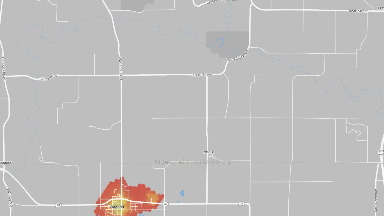 Walk Grade map of Noble, IA, walkable areas in green and car-dependent areas in red