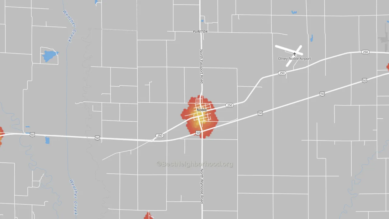 Walk Grade map of Noble, IL, walkable areas in green and car-dependent areas in red