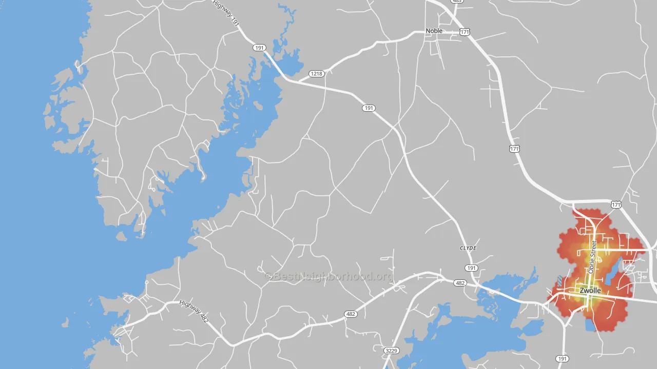Walk Grade map of Noble, LA, walkable areas in green and car-dependent areas in red